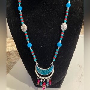 ✔️✔️Turquoise and Red Crescent Moon  Necklace with Silver Accents